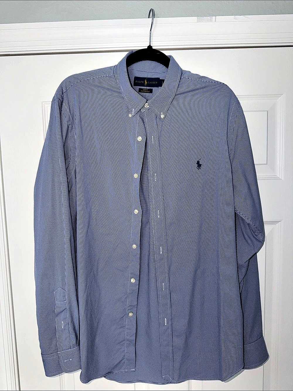 Ralph Lauren Slim Fit Performance Gingham Button Down Blue & White Size Large